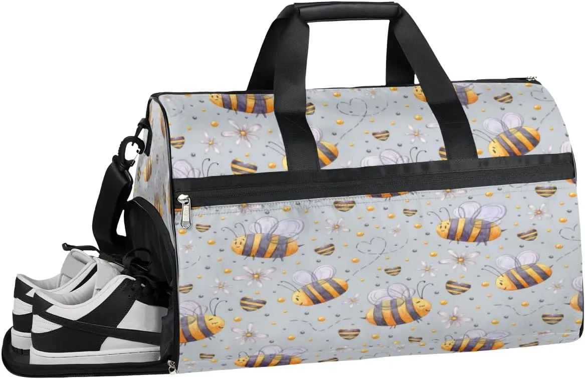 Cute Bees Pattern Sports Gym Bag for Women Men Travel Duffel Bag with Wet Pocket & Shoes Compartment Waterproof Weekender Overnight Tote Carry on Bag Lightweight