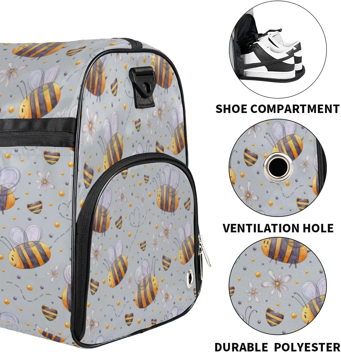 Cute Bees Pattern Sports Gym Bag for Women Men Travel Duffel Bag with Wet Pocket & Shoes Compartment Waterproof Weekender Overnight Tote Carry on Bag Lightweight