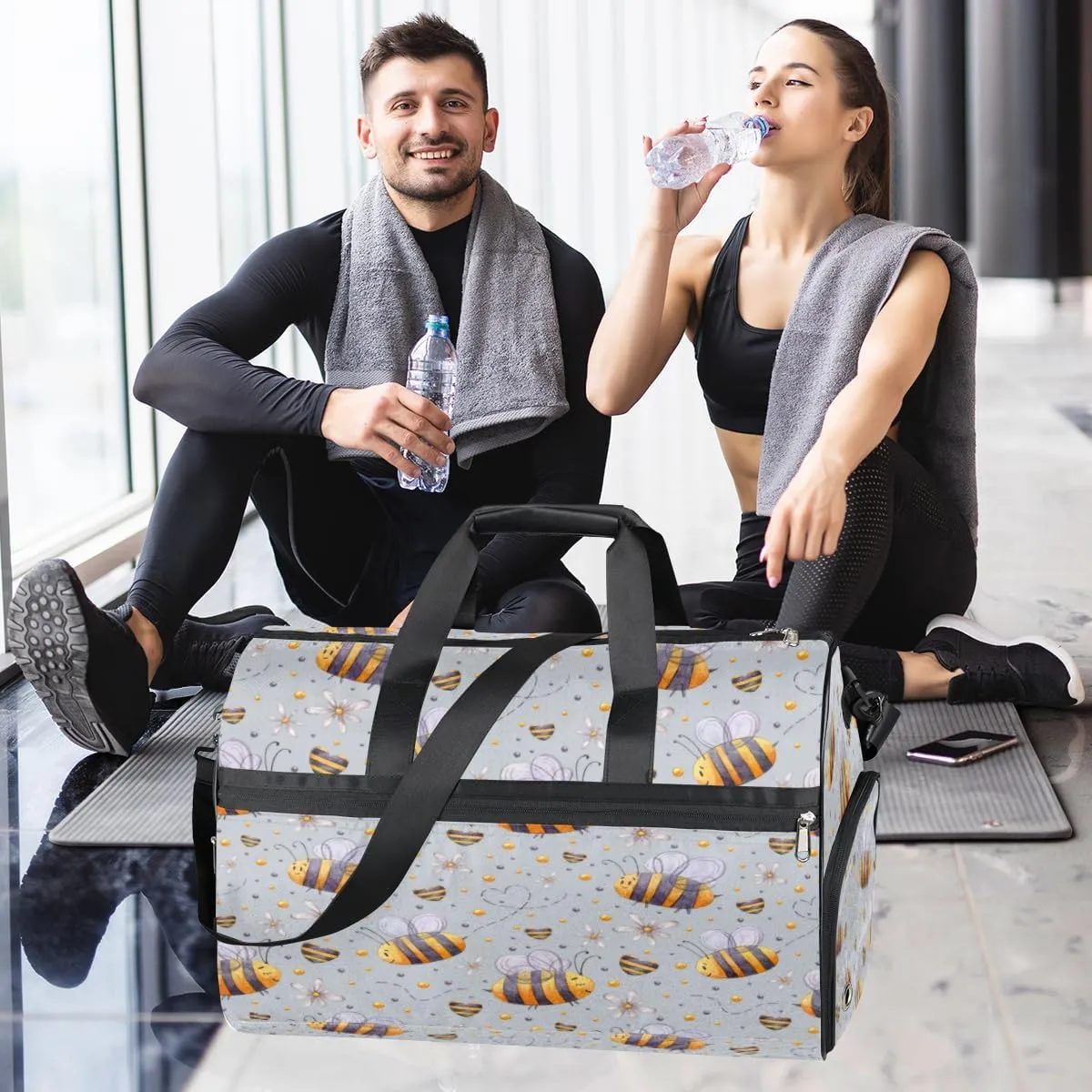 Cute Bees Pattern Sports Gym Bag for Women Men Travel Duffel Bag with Wet Pocket & Shoes Compartment Waterproof Weekender Overnight Tote Carry on Bag Lightweight