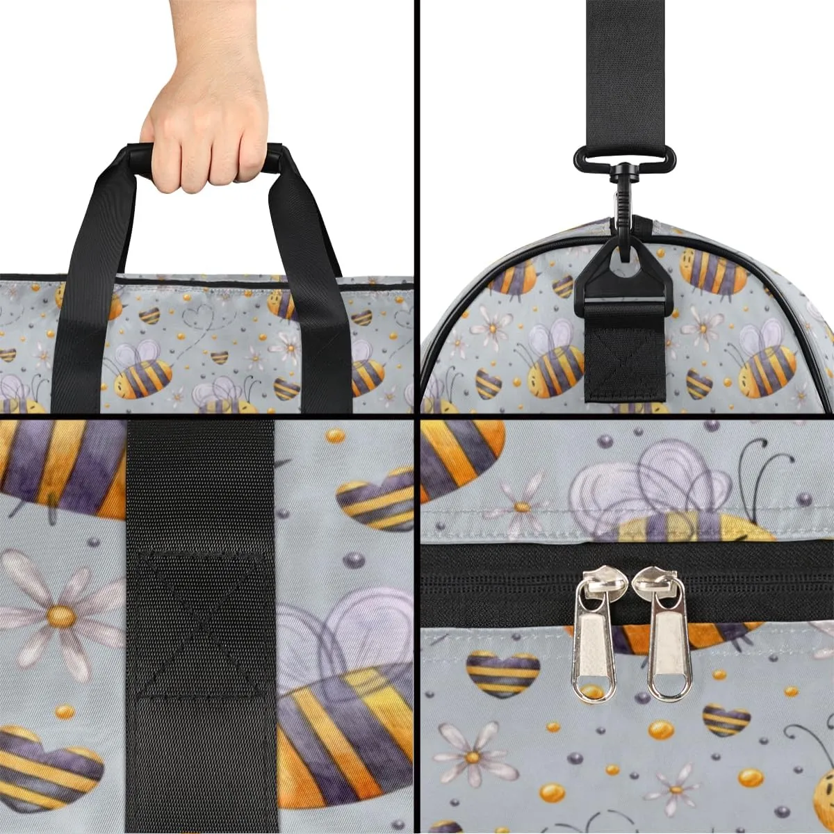 Cute Bees Pattern Sports Gym Bag for Women Men Travel Duffel Bag with Wet Pocket & Shoes Compartment Waterproof Weekender Overnight Tote Carry on Bag Lightweight