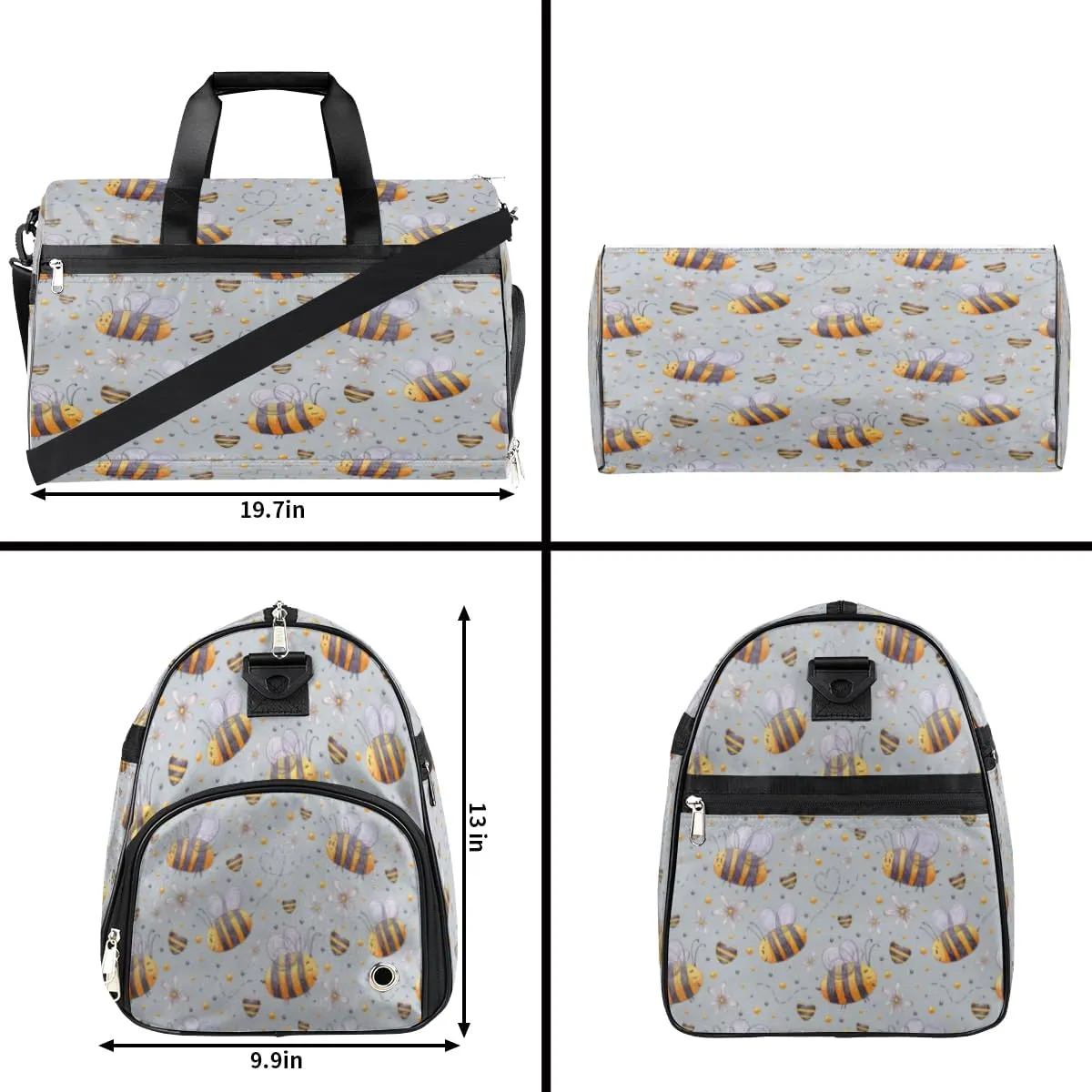 Cute Bees Pattern Sports Gym Bag for Women Men Travel Duffel Bag with Wet Pocket & Shoes Compartment Waterproof Weekender Overnight Tote Carry on Bag Lightweight