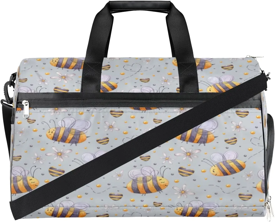 Cute Bees Pattern Sports Gym Bag for Women Men Travel Duffel Bag with Wet Pocket & Shoes Compartment Waterproof Weekender Overnight Tote Carry on Bag Lightweight