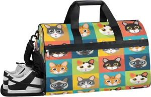 Cute Cat Design Sports Gym Bag with Wet Pocket & Shoes Compartment Waterproof Workout Duffel Bag for Women and Men Weekender Overnight Duffle Bag Travel Carry-on Tote