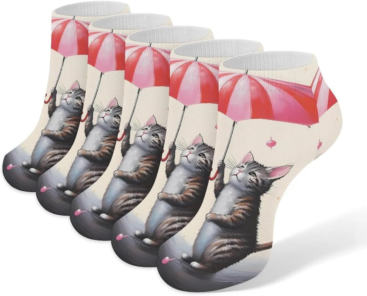 Cute Cats Dancing with Umbrella 5 Pairs Low Cut Ankle Socks for Men Women Athletic Running Socks No Show Breathable