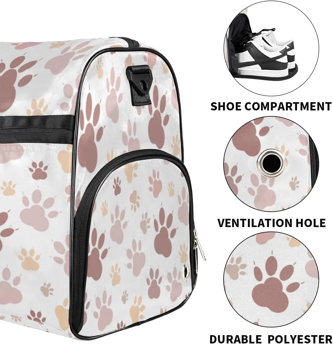 Cute Cats Paw Sports Gym Bag for Women Men Travel Duffel Bag with Wet Pocket & Shoes Compartment Waterproof Weekender Overnight Tote Carry on Bag Lightweight