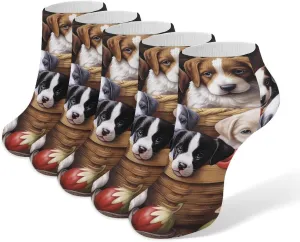 Cute Dogs in Basket 5 Pairs Low Cut Ankle Socks for Men Women Athletic Running Socks No Show Breathable