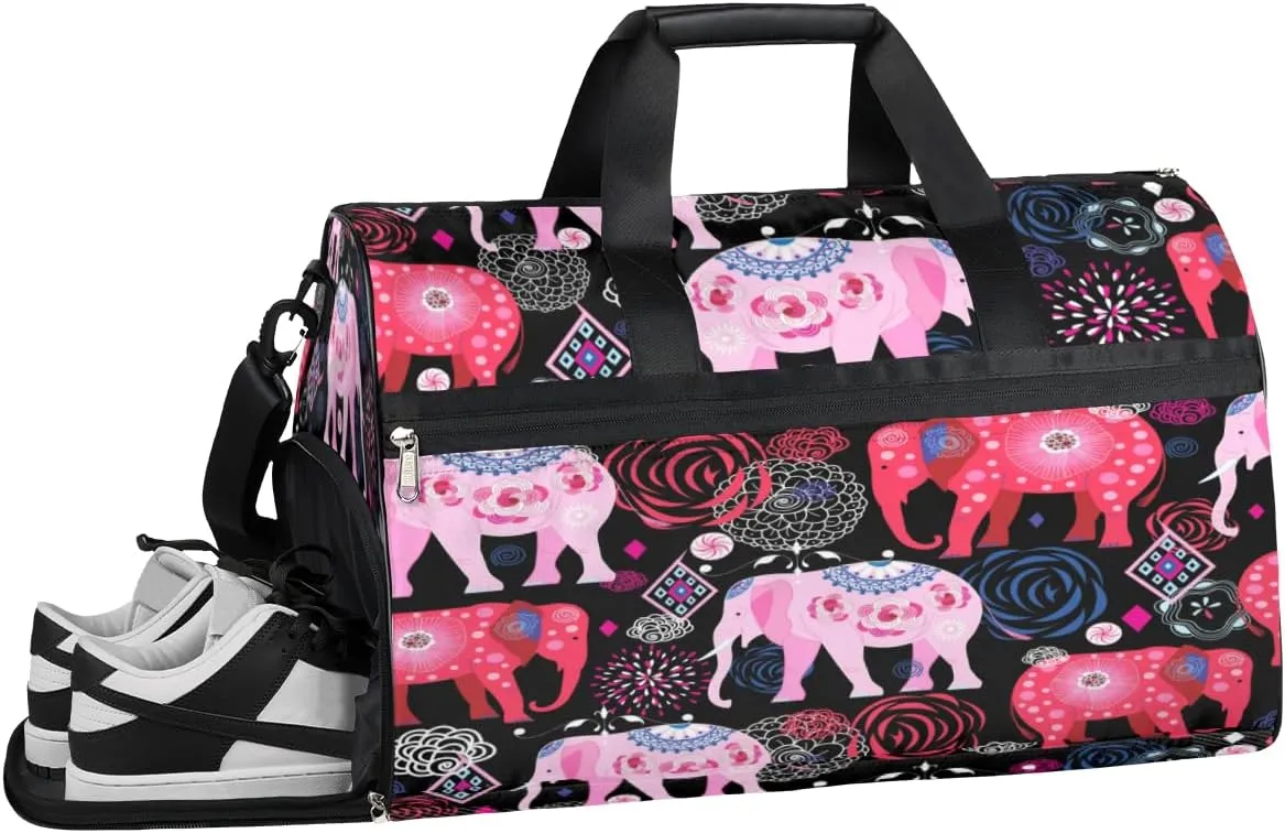Cute Elephant Sports Gym Bag with Wet Pocket & Shoes Compartment Waterproof Workout Duffel Bag for Women and Men Weekender Overnight Duffle Bag Travel Carry-on Tote