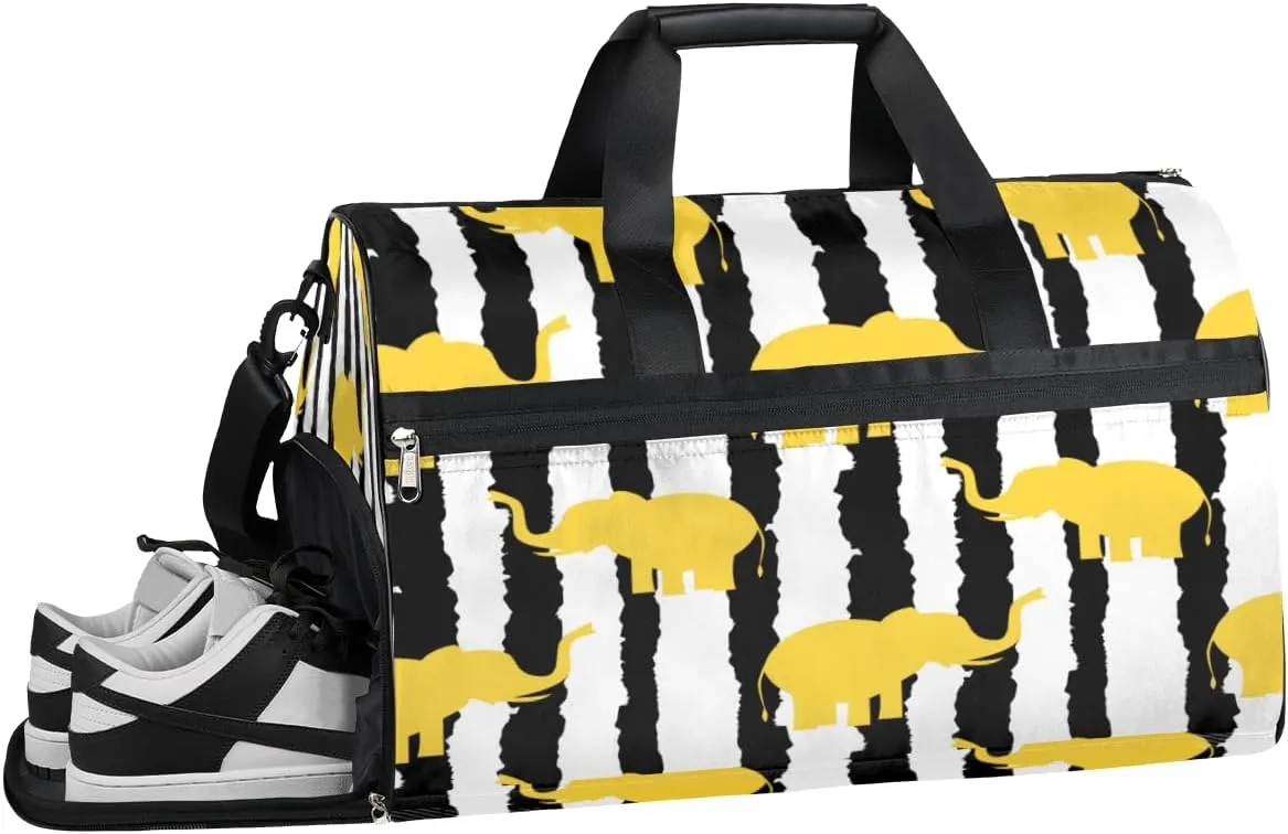Cute Elephant Stripe Animal Sports Gym Bag with Wet Pocket & Shoes Compartment Waterproof Workout Duffel Bag for Women and Men Weekender Overnight Duffle Bag Travel Carry-on Tote