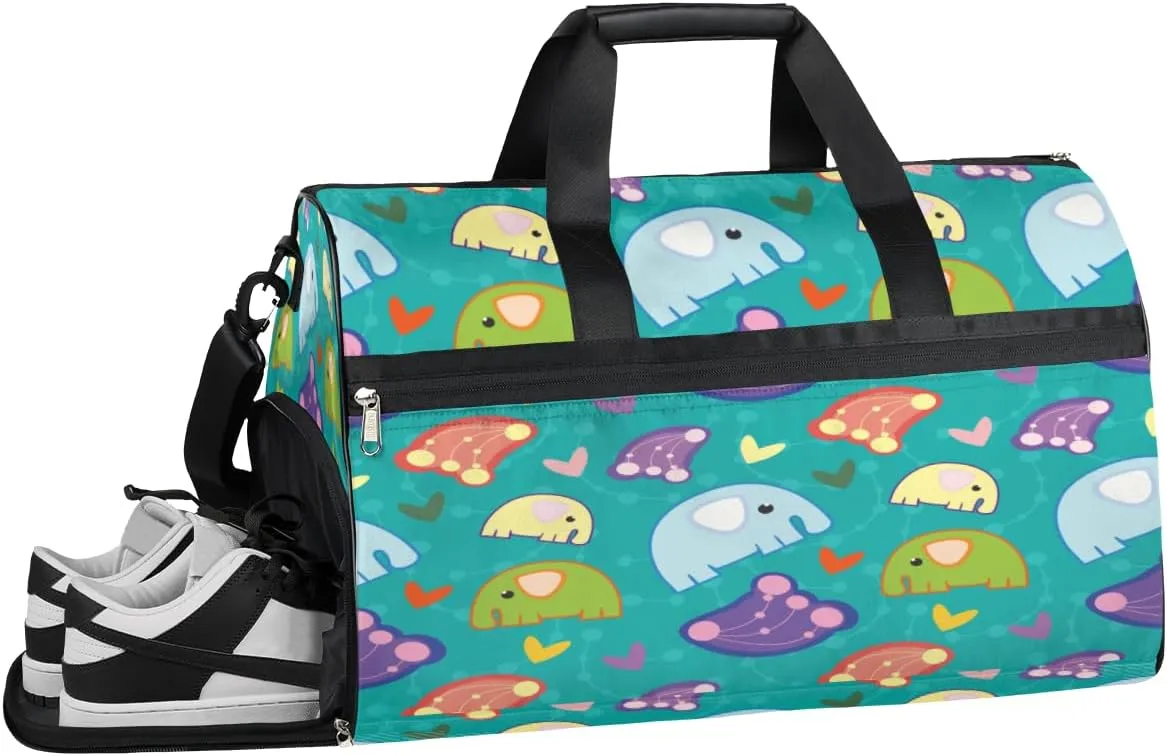 Cute Elephant Theme Sports Gym Bag with Wet Pocket & Shoes Compartment Waterproof Workout Duffel Bag for Women and Men Weekender Overnight Duffle Bag Travel Carry-on Tote