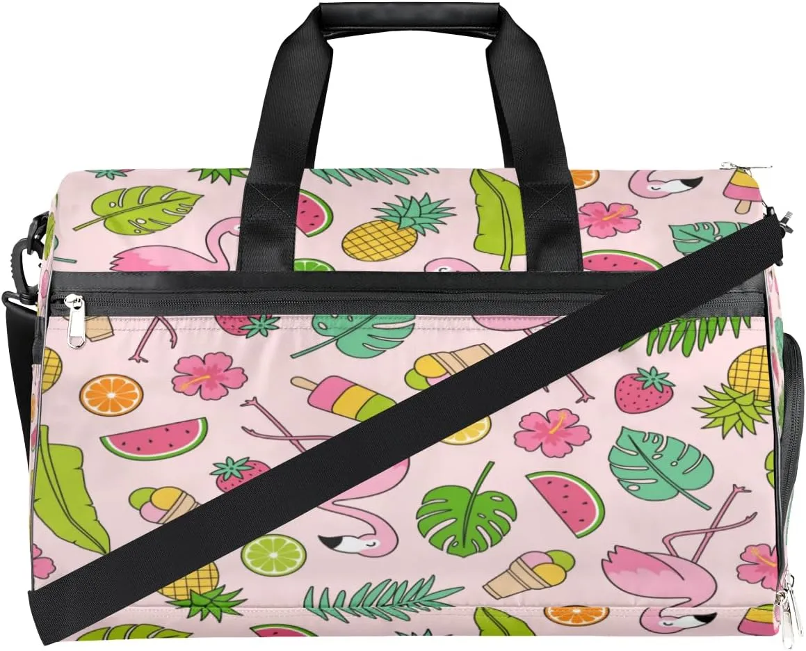 Cute Flamingo Pattern Sports Gym Bag for Women Men Travel Duffel Bag with Wet Pocket & Shoes Compartment Waterproof Weekender Overnight Tote Carry on Bag Lightweight