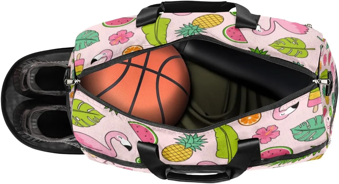 Cute Flamingo Pattern Sports Gym Bag for Women Men Travel Duffel Bag with Wet Pocket & Shoes Compartment Waterproof Weekender Overnight Tote Carry on Bag Lightweight