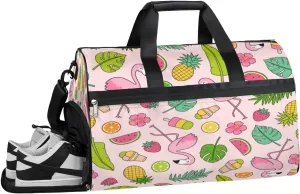 Cute Flamingo Pattern Sports Gym Bag for Women Men Travel Duffel Bag with Wet Pocket & Shoes Compartment Waterproof Weekender Overnight Tote Carry on Bag Lightweight