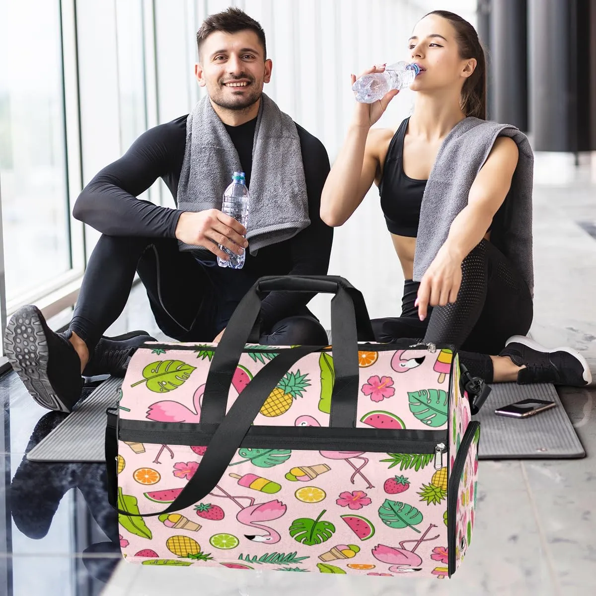 Cute Flamingo Pattern Sports Gym Bag for Women Men Travel Duffel Bag with Wet Pocket & Shoes Compartment Waterproof Weekender Overnight Tote Carry on Bag Lightweight