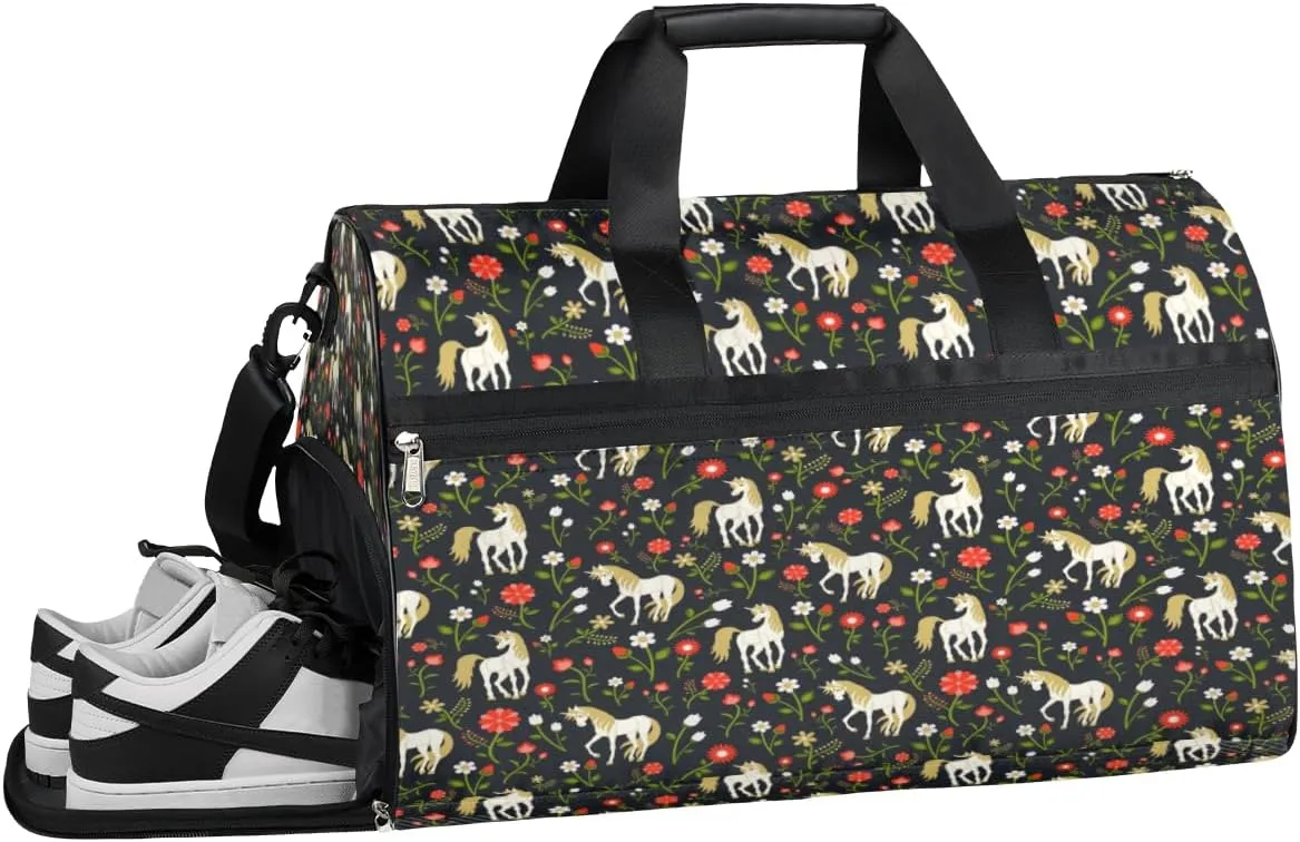 Cute Flower Unicorn Sports Gym Bag for Women and Men Travel Duffel Bag Overnight Shoulder Bag Waterproof Workout Bag Portable Sports Tote with Shoes Compartment