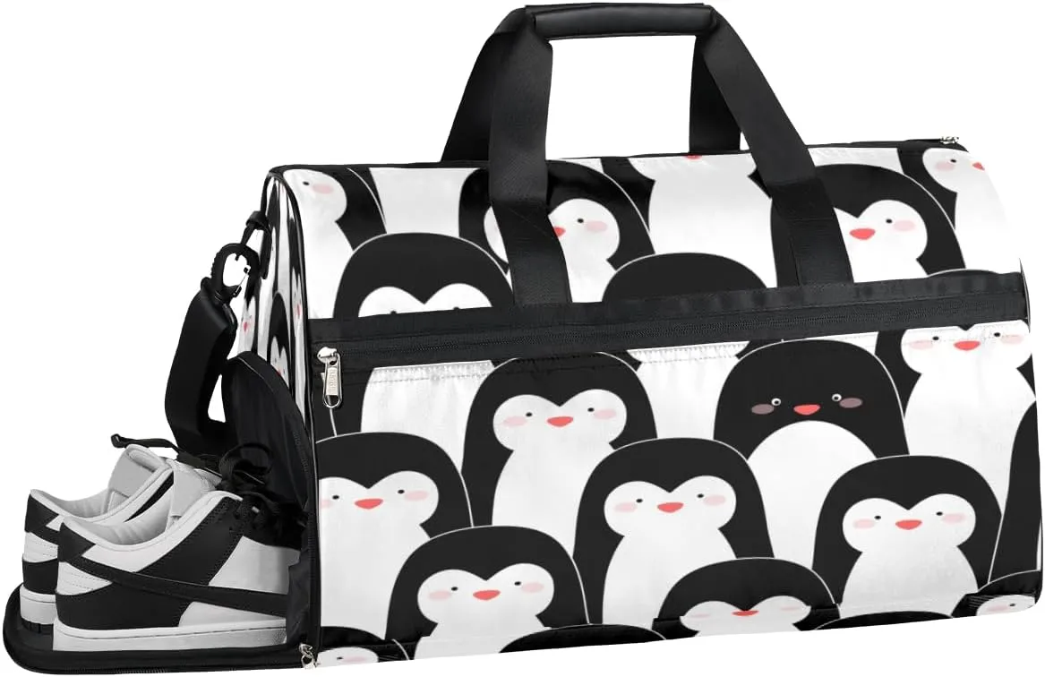 Cute Penguin Animal Sports Gym Bag with Wet Pocket & Shoes Compartment Waterproof Workout Duffel Bag for Women and Men Weekender Overnight Duffle Bag Travel Carry-on Tote