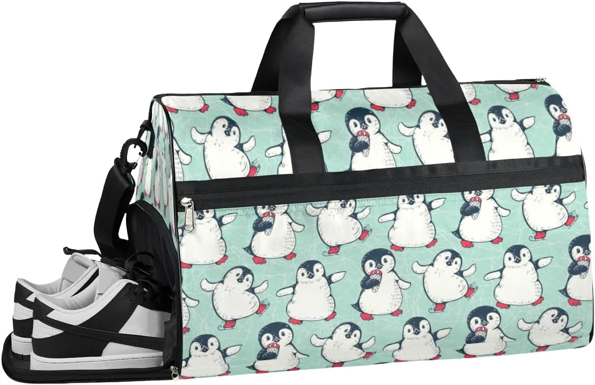 Cute Penguin Animals Sports Gym Bag with Wet Pocket & Shoes Compartment Waterproof Workout Duffel Bag for Women and Men Weekender Overnight Duffle Bag Travel Carry-on Tote