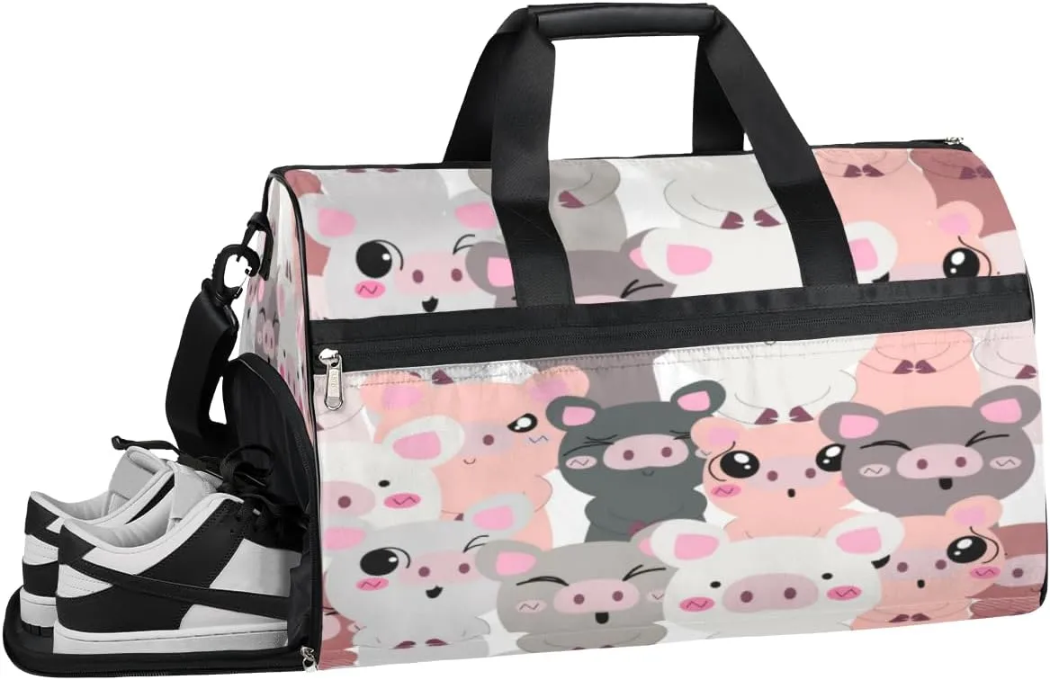 Cute Pig Paint Sports Gym Bag for Women Men Travel Duffel Bag with Wet Pocket & Shoes Compartment Waterproof Weekender Overnight Tote Carry on Bag Lightweight