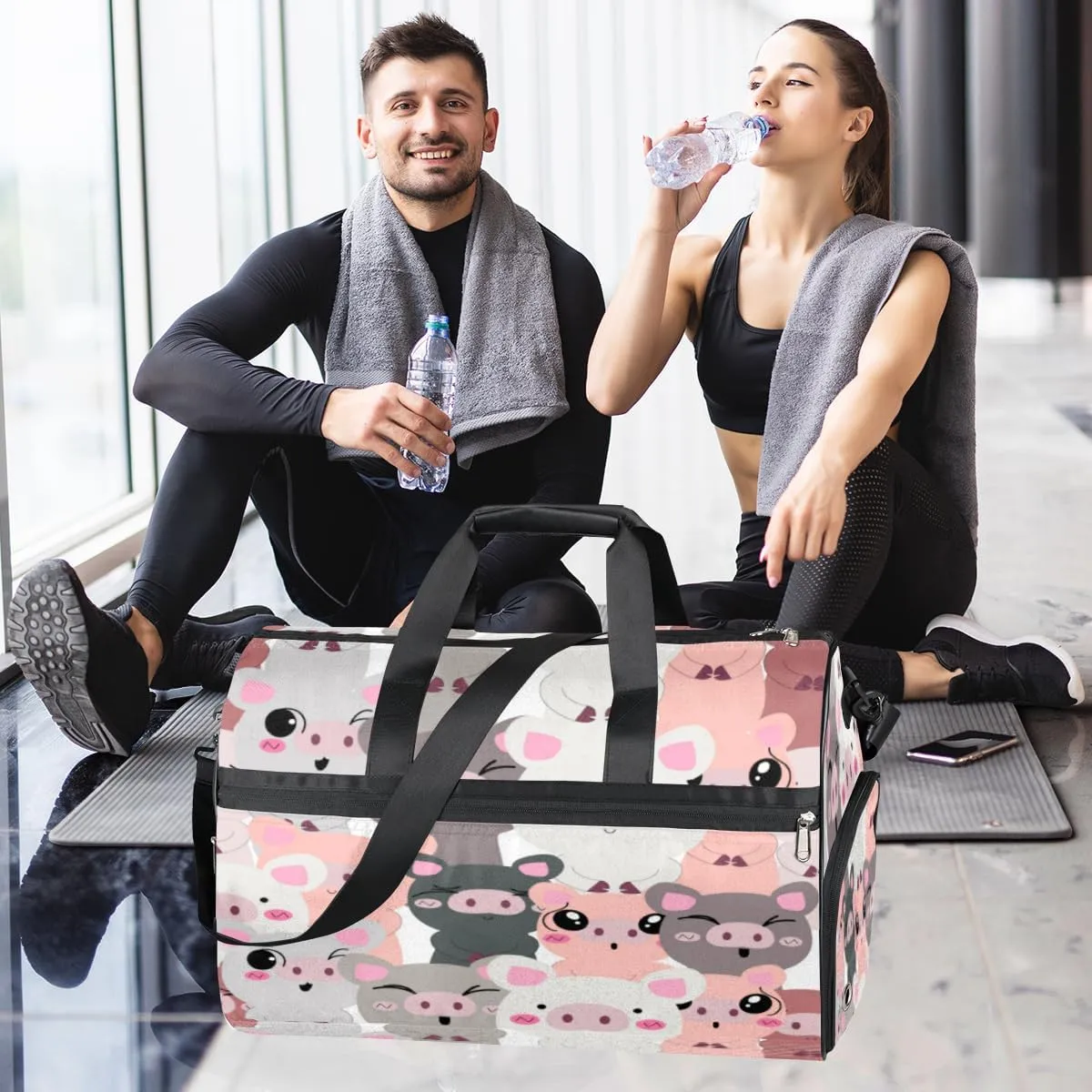 Cute Pig Paint Sports Gym Bag for Women Men Travel Duffel Bag with Wet Pocket & Shoes Compartment Waterproof Weekender Overnight Tote Carry on Bag Lightweight