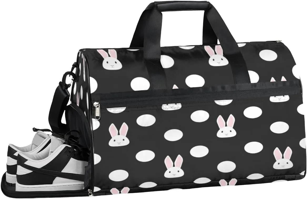 Cute Rabbit Polka Dots Sports Gym Bag with Wet Pocket & Shoes Compartment Waterproof Workout Duffel Bag for Women and Men Weekender Overnight Duffle Bag Travel Carry-on Tote