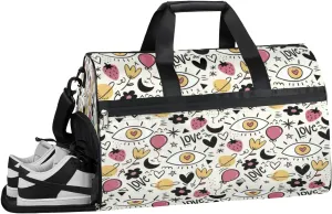 Cute Strawberries Heart Sports Gym Bag with Wet Pocket & Shoes Compartment Waterproof Workout Duffel Bag for Women and Men Weekender Overnight Duffle Bag Travel Carry-on Tote