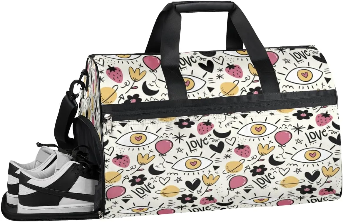 Cute Strawberries Heart Sports Gym Bag with Wet Pocket & Shoes Compartment Waterproof Workout Duffel Bag for Women and Men Weekender Overnight Duffle Bag Travel Carry-on Tote