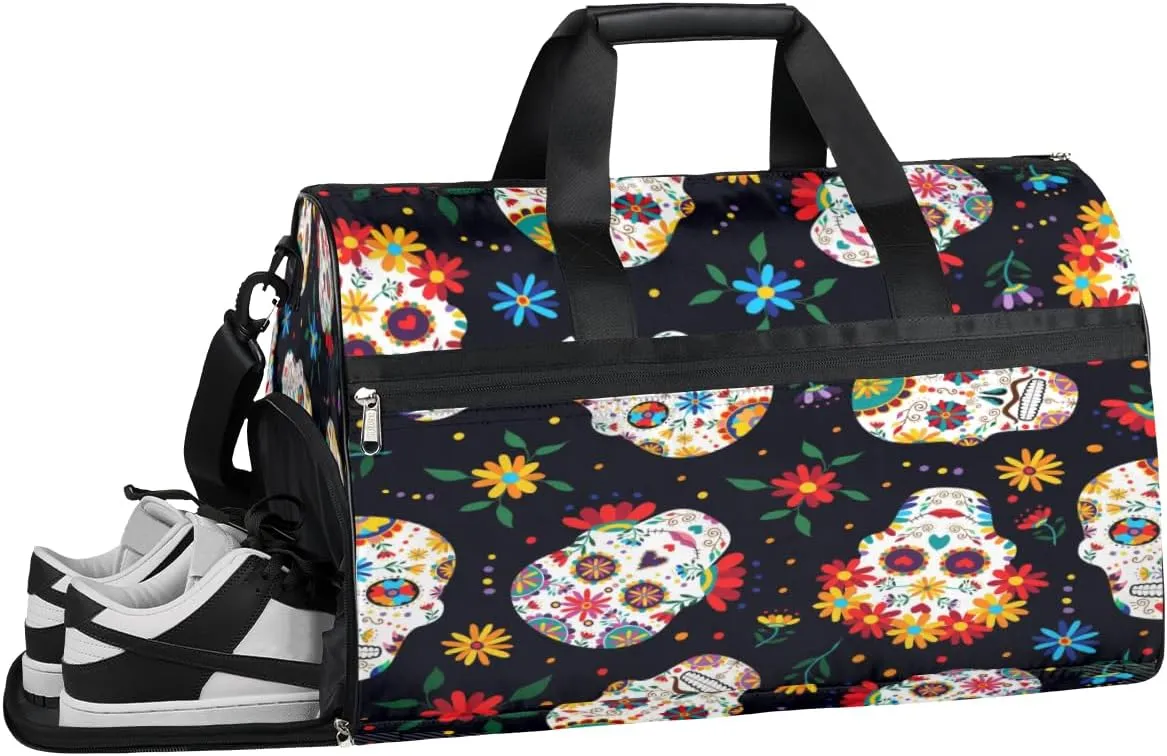 Cute Sugar Skull Sports Gym Bag with Wet Pocket & Shoes Compartment Waterproof Workout Duffel Bag for Women and Men Weekender Overnight Duffle Bag Travel Carry-on Tote