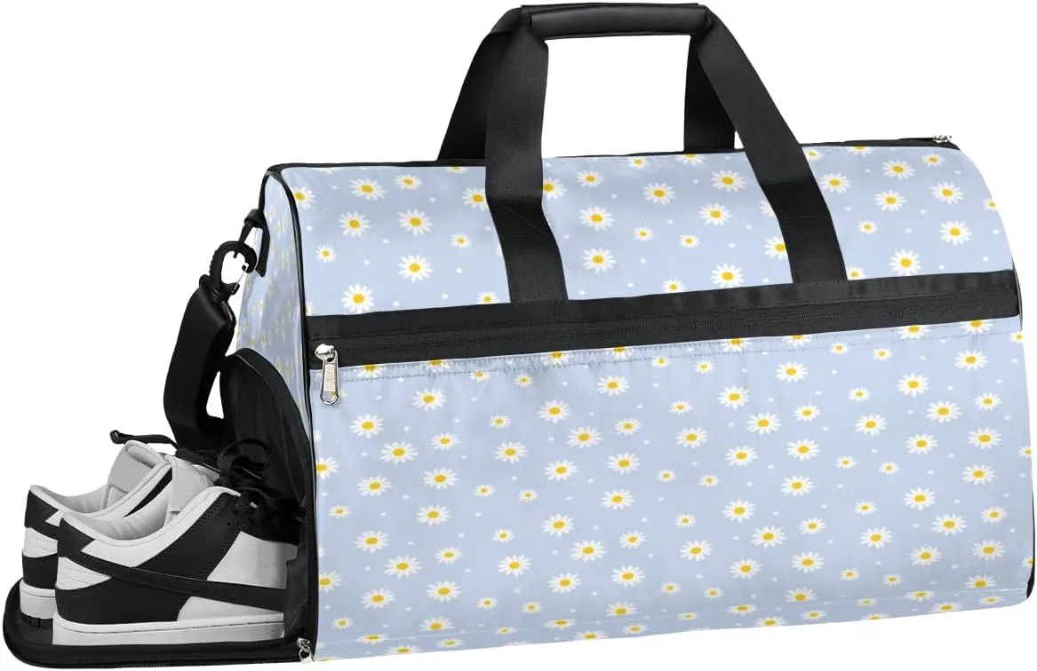 Daisy Dots Lavander Sports Gym Bag for Women and Men Travel Duffel Bag Overnight Shoulder Bag Waterproof Workout Bag Portable Sports Tote with Shoes Compartment