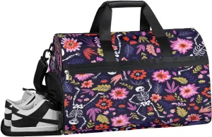 Dancing Skeletons Flower Sports Gym Bag with Wet Pocket & Shoes Compartment Waterproof Workout Duffel Bag for Women and Men Weekender Overnight Duffle Bag Travel Carry-on Tote