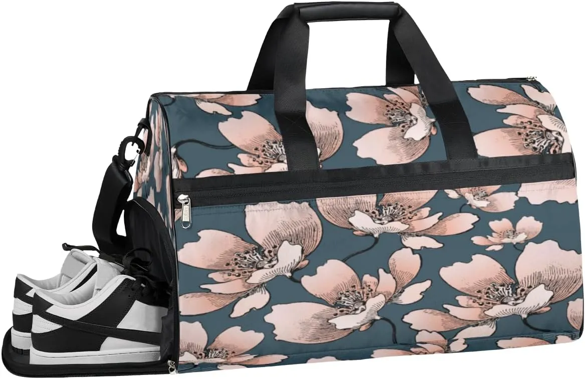Decorative Flower Bright Sports Gym Bag for Women and Men Travel Duffel Bag Overnight Shoulder Bag Waterproof Workout Bag Portable Sports Tote with Shoes Compartment