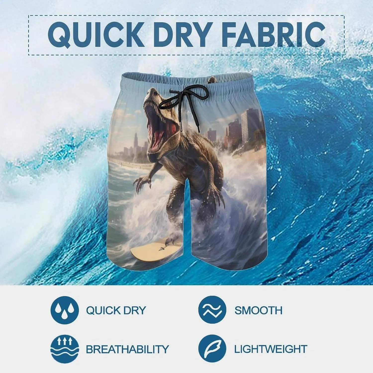 Dinosaur Rocking on The Surf Mens Swim Trunks Quick Dry Beach Swimming Shorts with Pockets with Mesh Lining