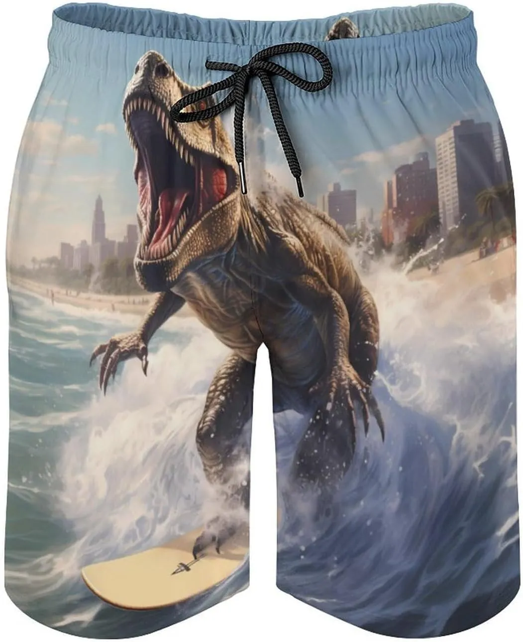 Dinosaur Rocking on The Surf Mens Swim Trunks Quick Dry Beach Swimming Shorts with Pockets with Mesh Lining