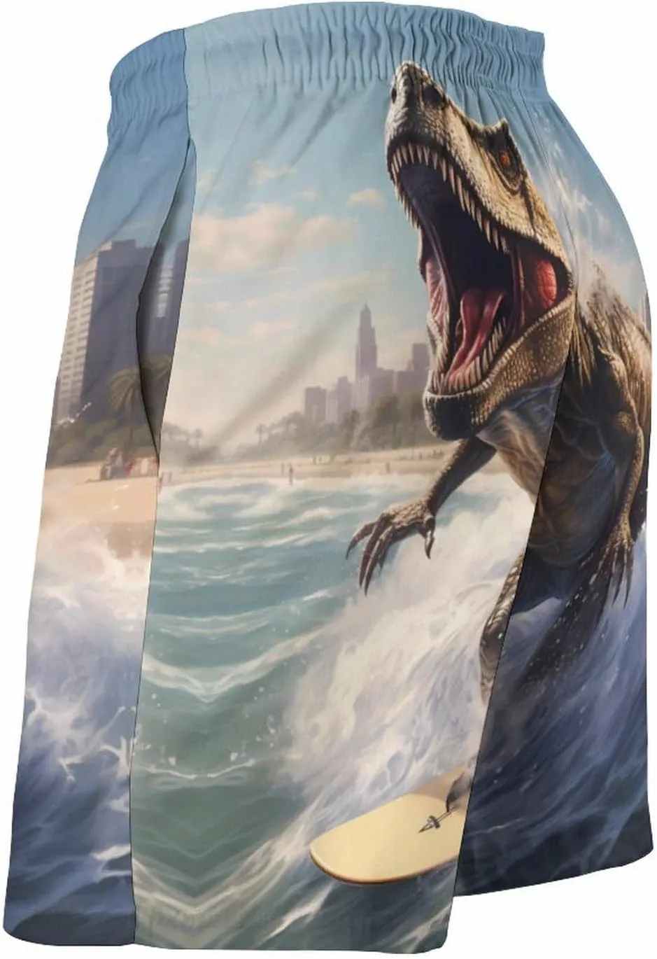 Dinosaur Rocking on The Surf Mens Swim Trunks Quick Dry Beach Swimming Shorts with Pockets with Mesh Lining