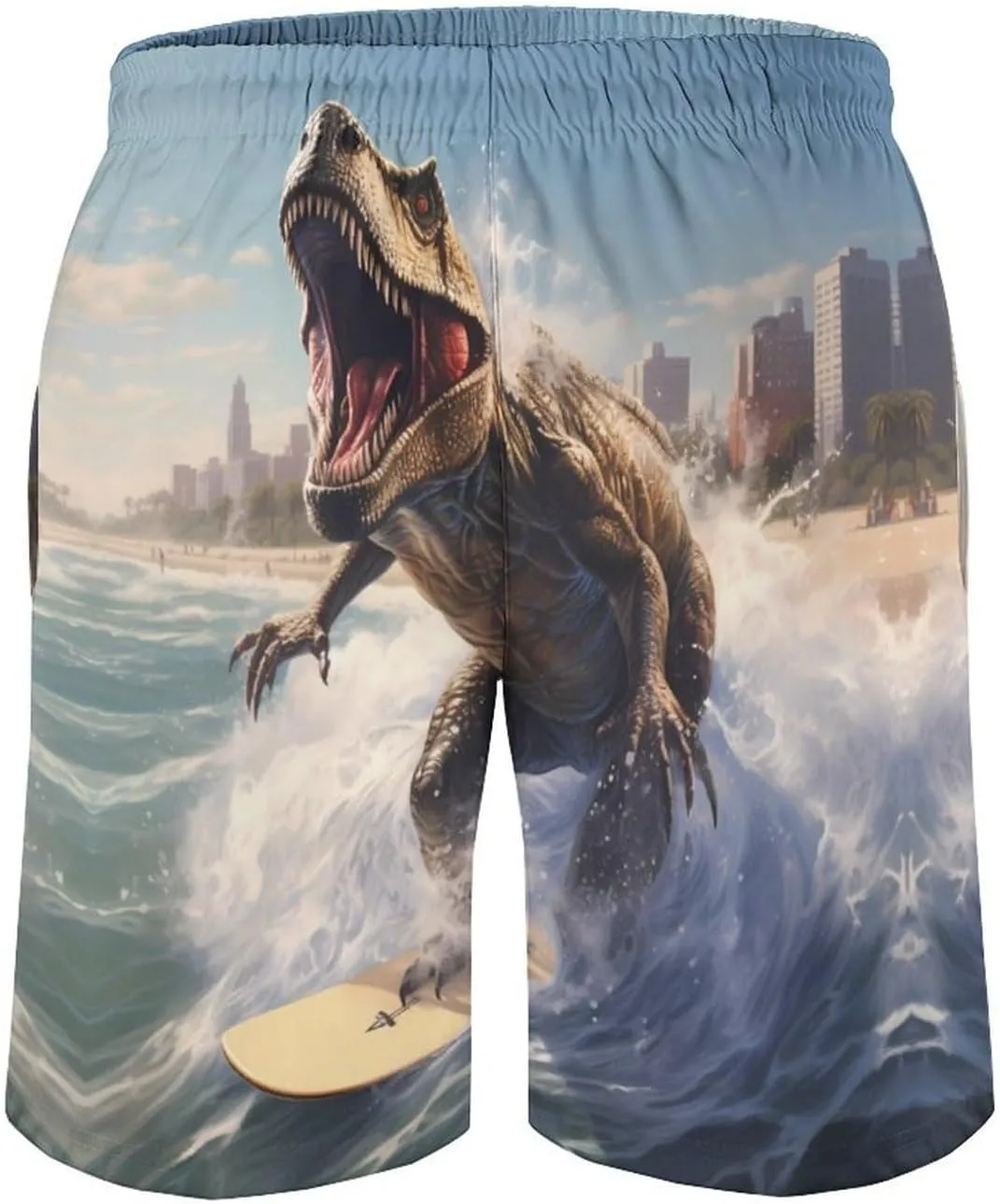Dinosaur Rocking on The Surf Mens Swim Trunks Quick Dry Beach Swimming Shorts with Pockets with Mesh Lining