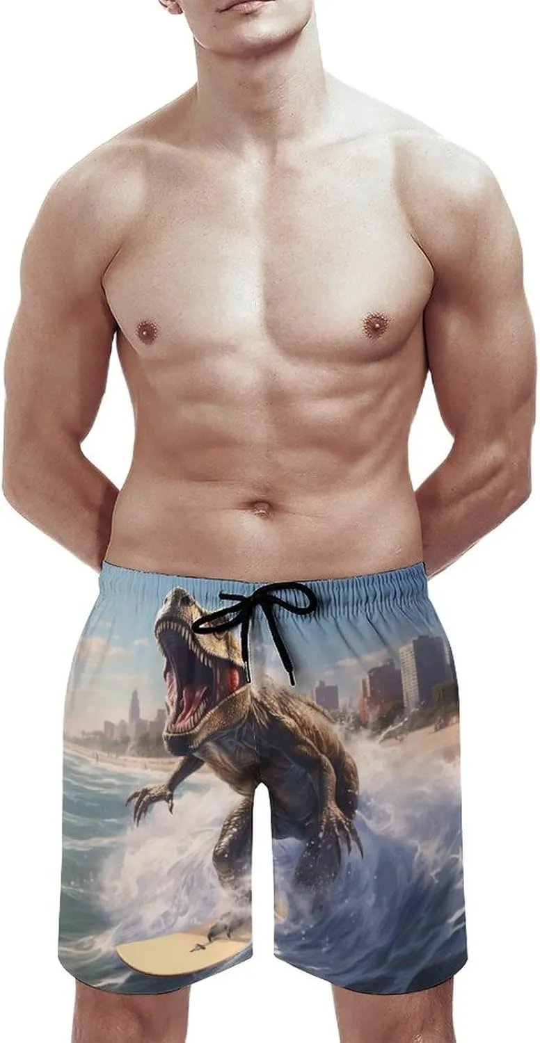 Dinosaur Rocking on The Surf Mens Swim Trunks Quick Dry Beach Swimming Shorts with Pockets with Mesh Lining