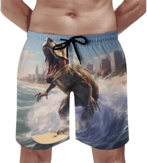 Dinosaur Rocking on The Surf Mens Swim Trunks Quick Dry Beach Swimming Shorts with Pockets with Mesh Lining