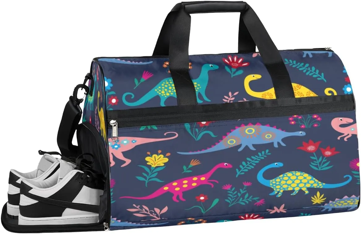 Dinosaur Style Sports Gym Bag with Wet Pocket & Shoes Compartment Waterproof Workout Duffel Bag for Women and Men Weekender Overnight Duffle Bag Travel Carry-on Tote