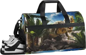 Dinosaurs Tropical Plant Sports Gym Bag with Wet Pocket & Shoes Compartment Waterproof Workout Duffel Bag for Women and Men Weekender Overnight Duffle Bag Travel Carry-on Tote