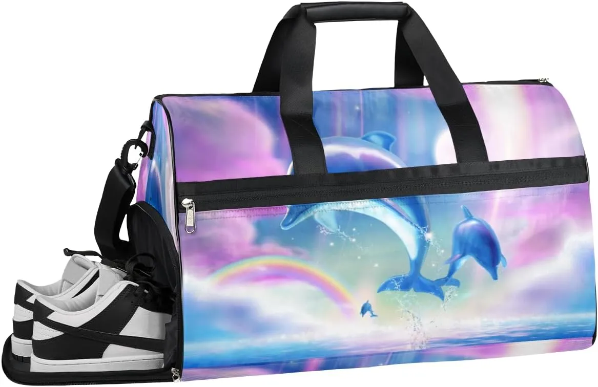 Dolphin Rainbow Cute Sports Gym Bag for Women and Men Travel Duffel Bag Overnight Shoulder Bag Waterproof Workout Bag Portable Sports Tote with Shoes Compartment