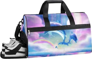 Dolphin Rainbow Cute Sports Gym Bag for Women and Men Travel Duffel Bag Overnight Shoulder Bag Waterproof Workout Bag Portable Sports Tote with Shoes Compartment