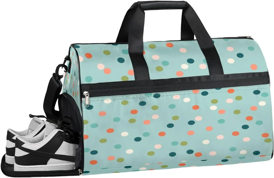 Dots Teal Cyan Sports Gym Bag for Women and Men Travel Duffel Bag Overnight Shoulder Bag Waterproof Workout Bag Portable Sports Tote with Shoes Compartment