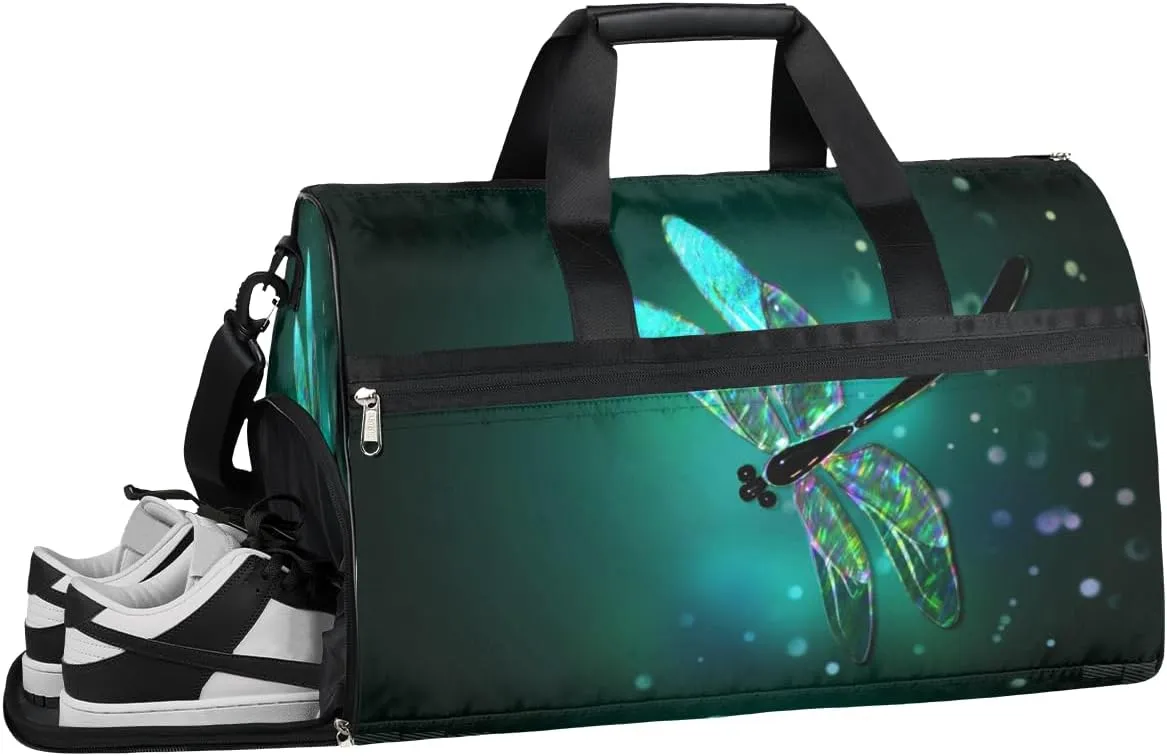Dragonfly Grass Sports Gym Bag with Wet Pocket & Shoes Compartment Waterproof Workout Duffel Bag for Women and Men Weekender Overnight Duffle Bag Travel Carry-on Tote