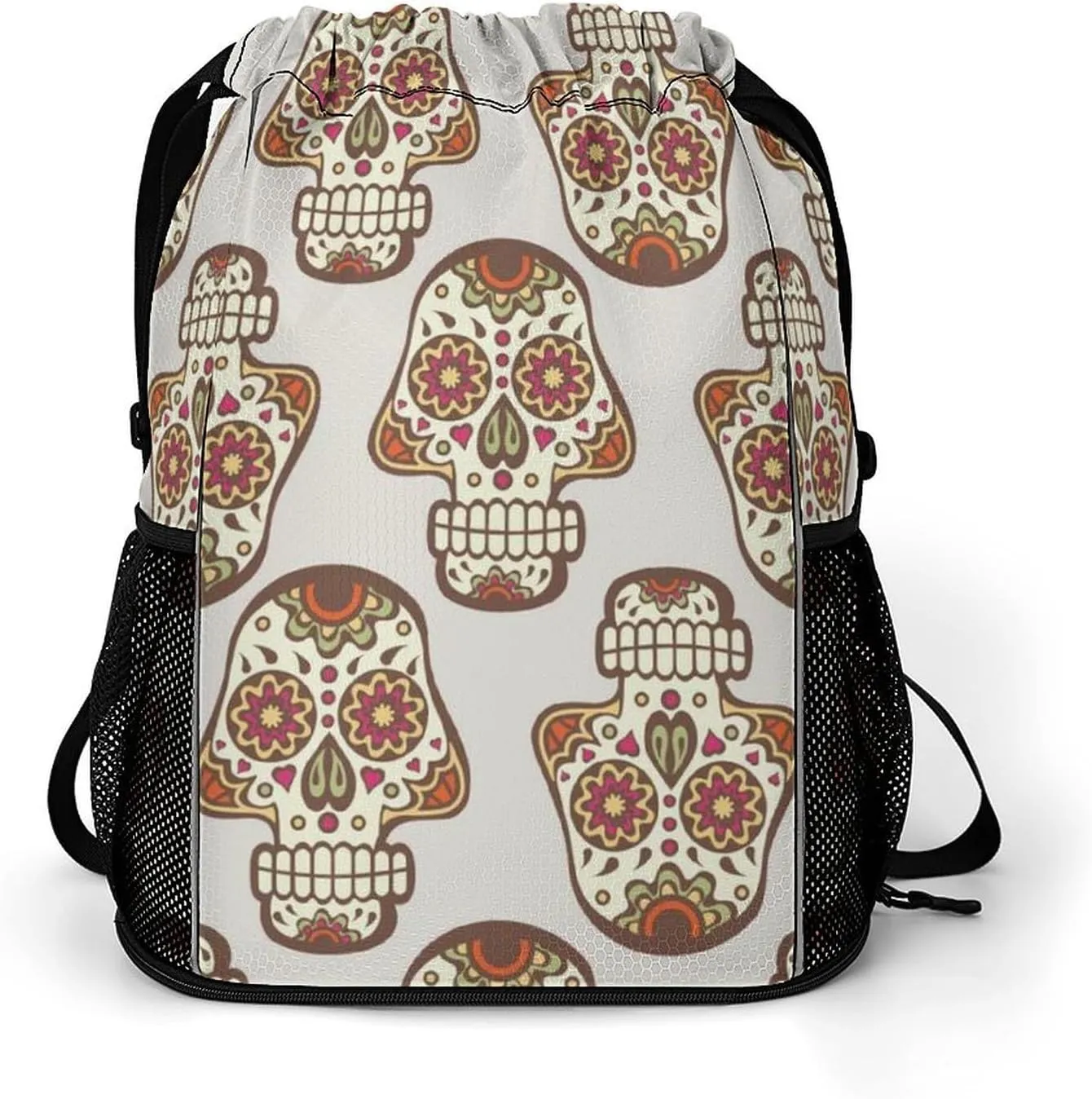 Drawstring Backpack 3D Print Lightweight Cinch Bag Compatible with Skull Pattern Gym Sack String Bag with Shoes Compartment and Small Zipper Pockets for Men Women