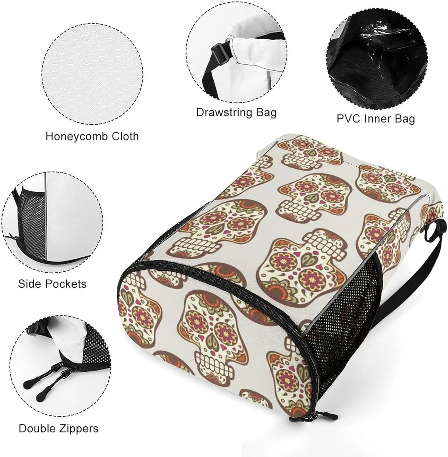 Drawstring Backpack 3D Print Lightweight Cinch Bag Compatible with Skull Pattern Gym Sack String Bag with Shoes Compartment and Small Zipper Pockets for Men Women
