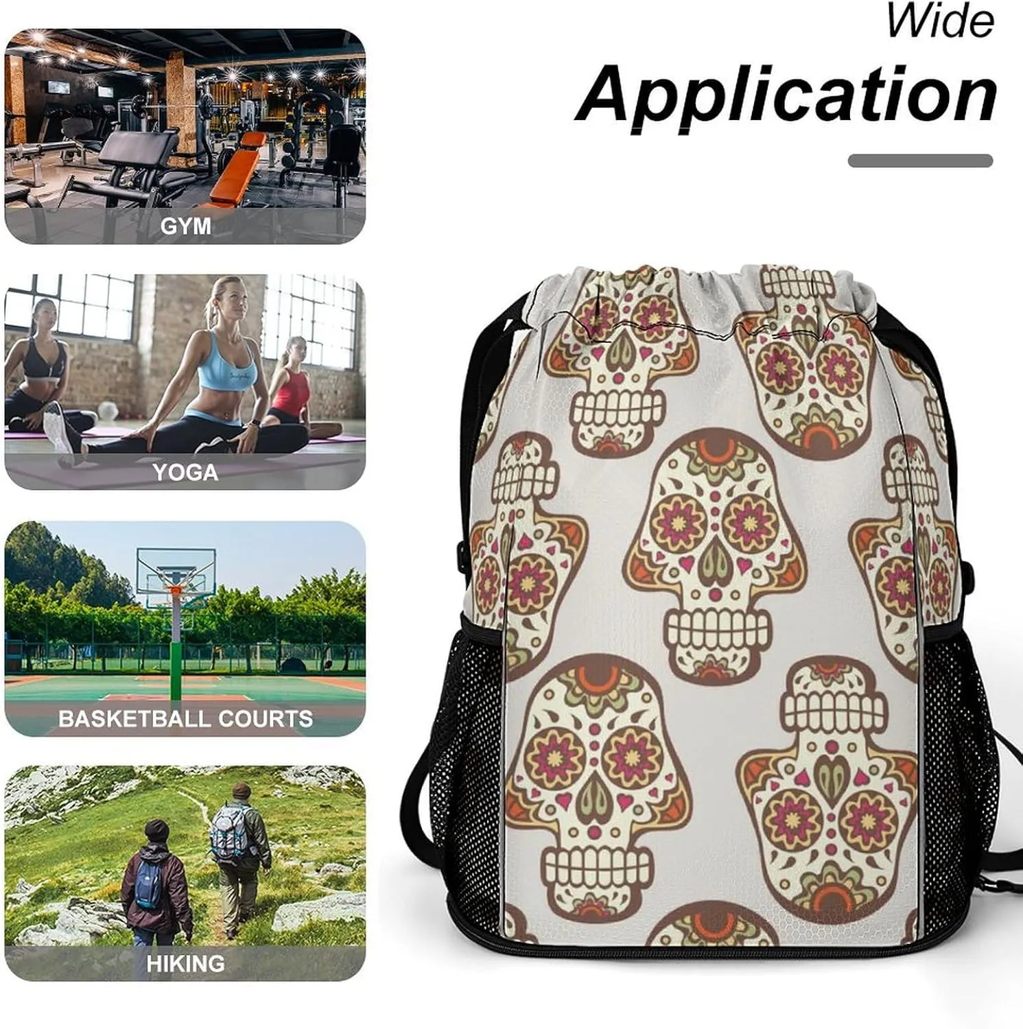Drawstring Backpack 3D Print Lightweight Cinch Bag Compatible with Skull Pattern Gym Sack String Bag with Shoes Compartment and Small Zipper Pockets for Men Women