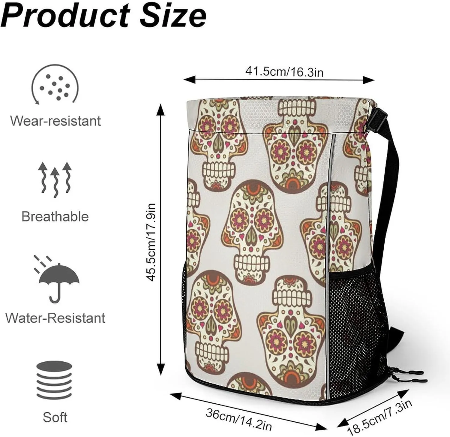 Drawstring Backpack 3D Print Lightweight Cinch Bag Compatible with Skull Pattern Gym Sack String Bag with Shoes Compartment and Small Zipper Pockets for Men Women