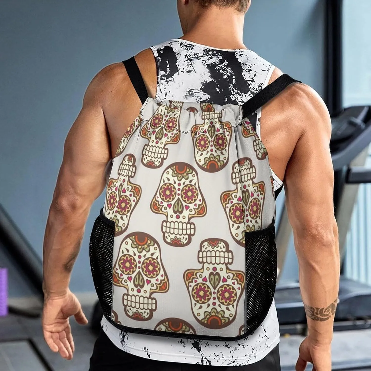 Drawstring Backpack 3D Print Lightweight Cinch Bag Compatible with Skull Pattern Gym Sack String Bag with Shoes Compartment and Small Zipper Pockets for Men Women