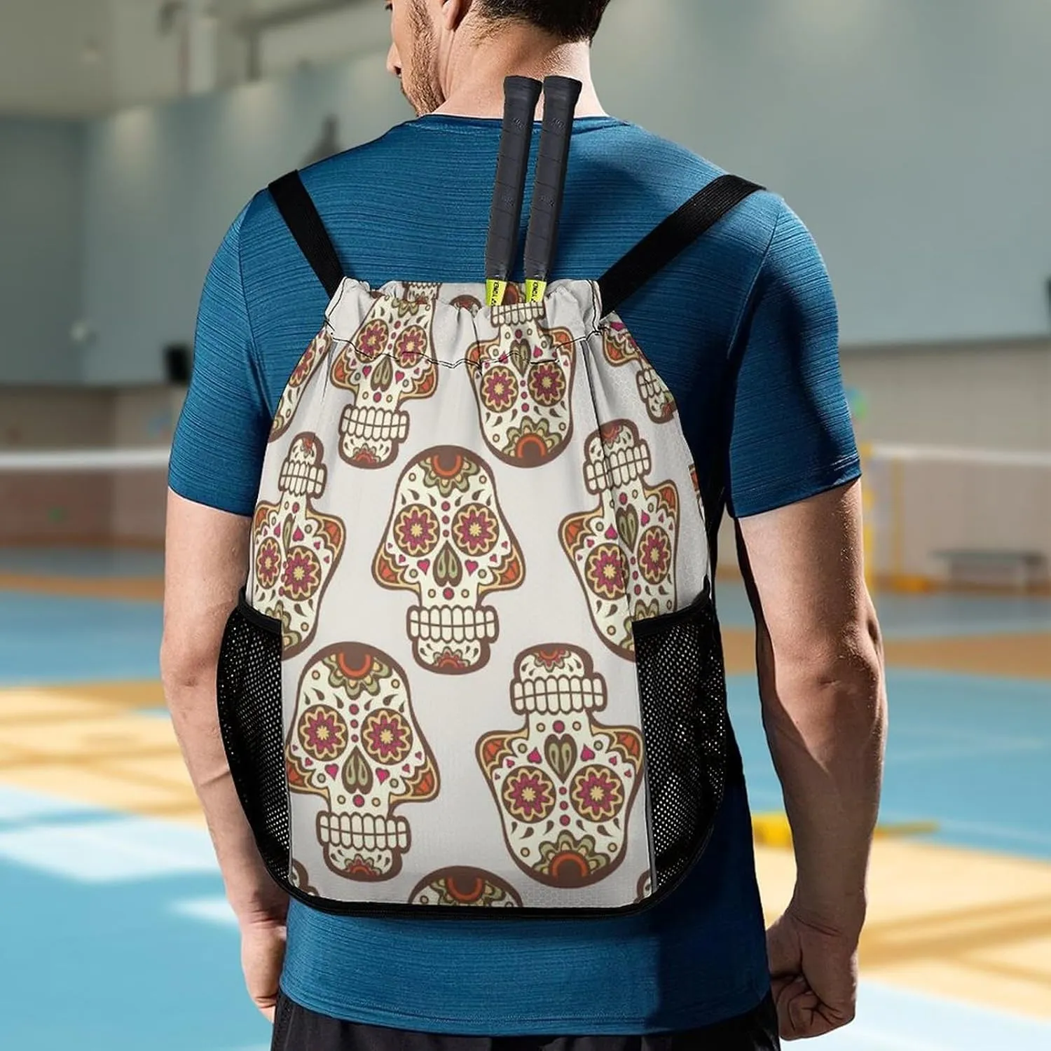 Drawstring Backpack 3D Print Lightweight Cinch Bag Compatible with Skull Pattern Gym Sack String Bag with Shoes Compartment and Small Zipper Pockets for Men Women