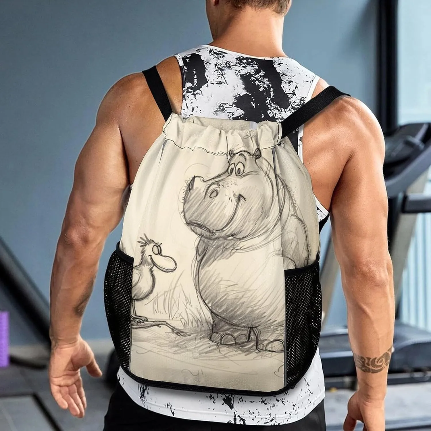 Drawstring Backpack,Animal Line Style Printed Drawstring Bags,String Backpack with Shoes Compartment And Wet Proof Pocket,Small Sports Gym Cinch Bags for Women & Men