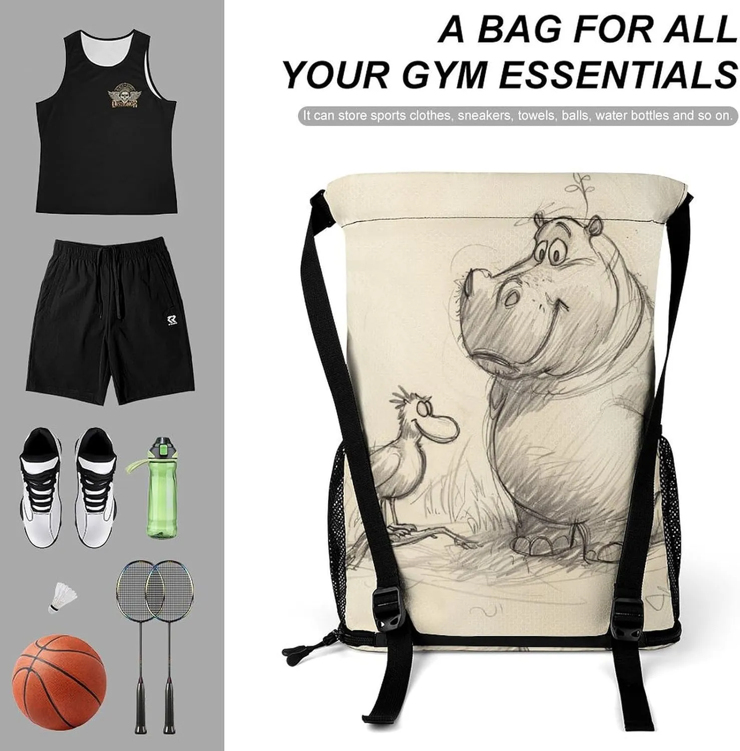 Drawstring Backpack,Animal Line Style Printed Drawstring Bags,String Backpack with Shoes Compartment And Wet Proof Pocket,Small Sports Gym Cinch Bags for Women & Men