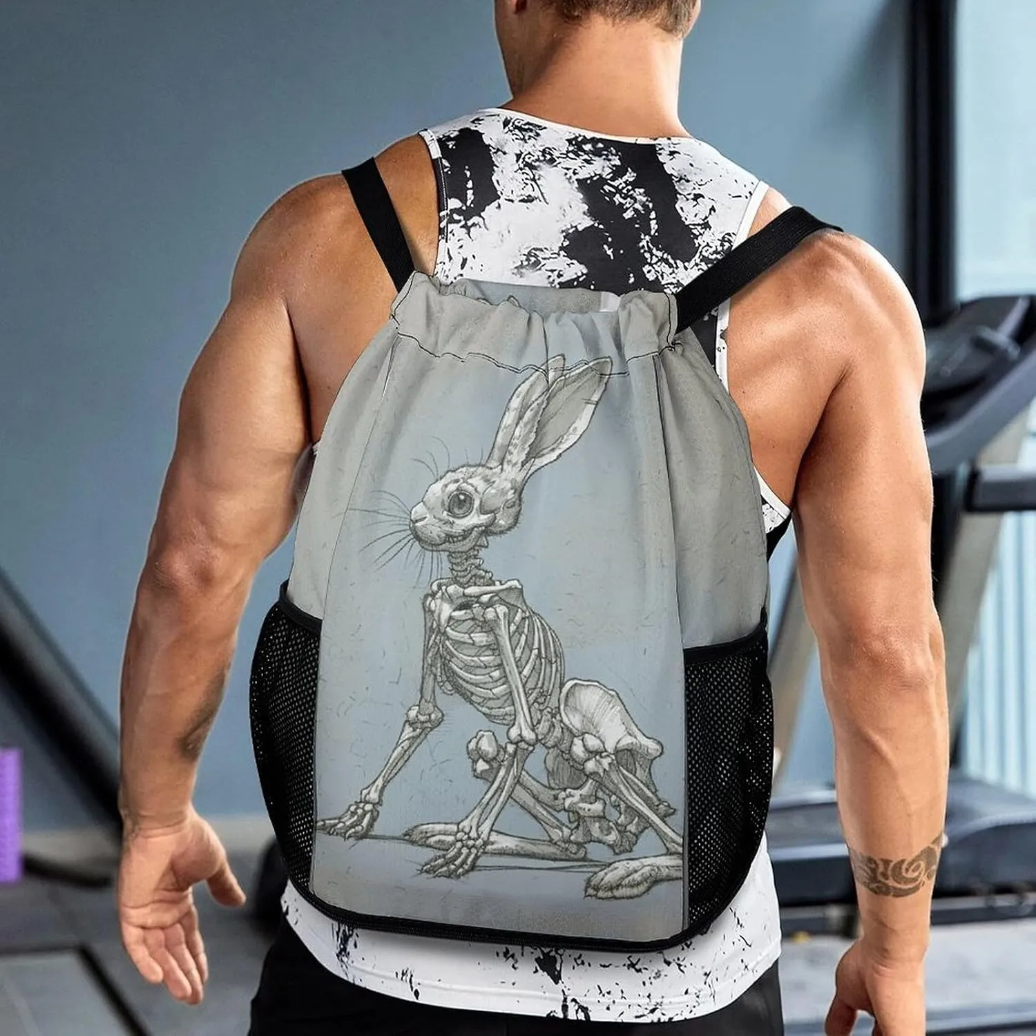 Drawstring Backpack,Animal Skeleton Painting Printed Drawstring Bags,String Backpack with Shoes Compartment And Wet Proof Pocket,Small Sports Gym Cinch Bags for Women & Men